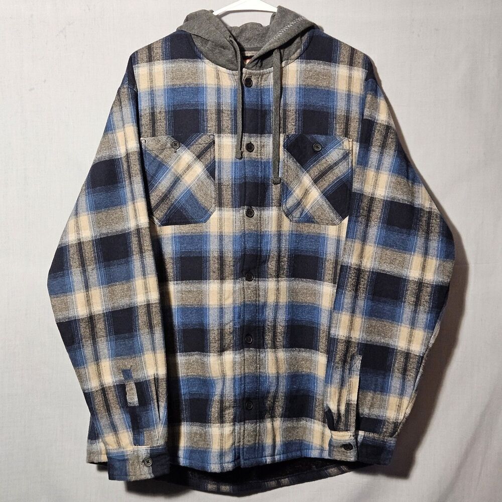 Hawke & Co Shirt Jacket Hooded Flannel Shacket Fur Lined Mens L Blue Plaid